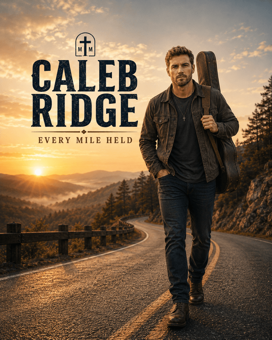 Caleb Ridge standing on an open mountain road at sunrise